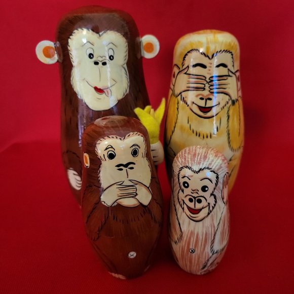 Vintage Monkey Nesting Dolls See Hear Speak No Evil Set of 4 - Picture 1 of 14